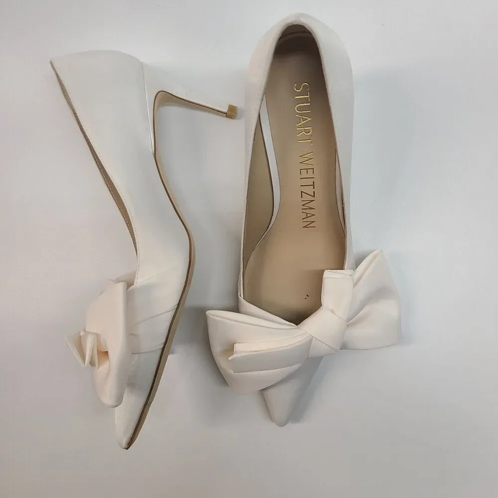 Stuart Weitzman White Satin Bow Pointed Toe Stiletto Pumps Heels Sz 6B Bridal